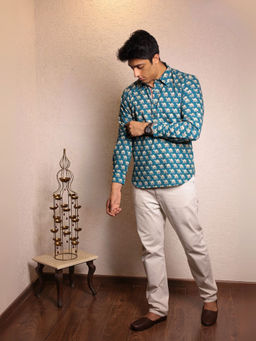 Spring Soul - Blue Cotton Printed Full Sleeves Shirt