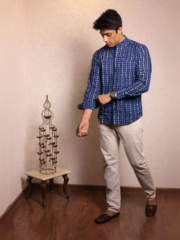 Spring Soul - Navy Blue Cotton Printed Full Sleeves Shirt
