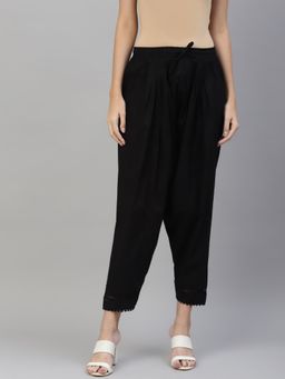 Laado - Black Solid Pintucks Double Lace Pure Cotton Salwar