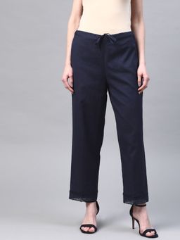 Laado - Navy Blue Handloom Solid Straight Palazzos With Lace