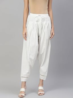 Laado - Off-white Solid Pintucks Double Lace Pure Cotton Salwar