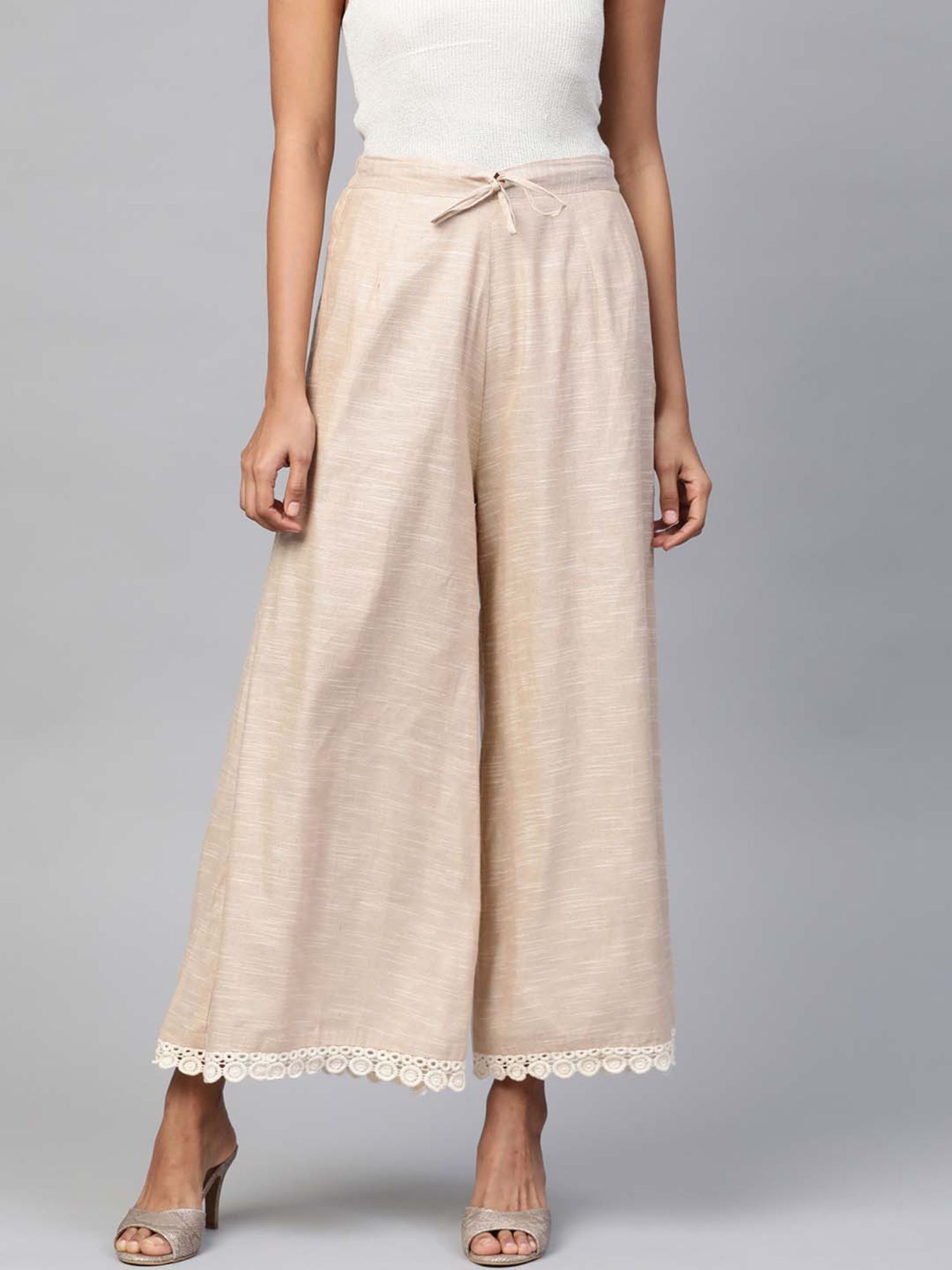 laado Cream-coloured Solid Handloom Wide Leg Palazzos-picture-15