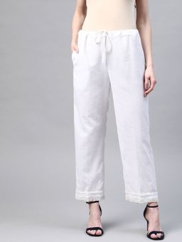 Laado - White Handloom Solid Straight Palazzos With Lace