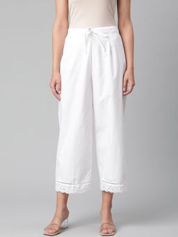 Laado - White Schiffli Hem Design Straight Palazzos