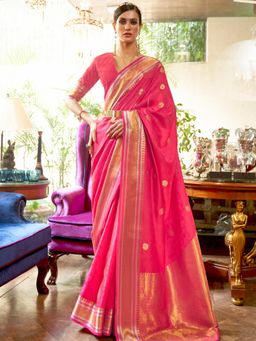 Dress & Dazzle - Hot Pink Kanjivaram Silk Saree with Unstitched Blouse