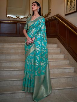 Dress & Dazzle - Turquoise Blue Banarasi Organza Saree with Unstitched Blouse
