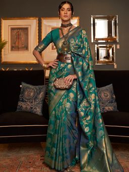 Dress & Dazzle - Rama Green Banarasi Organza Saree with Unstitched Blouse