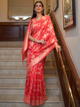 Dress & Dazzle - Ruby Red Banarasi Organza Saree with Unstitched Blouse