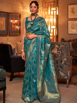 Dress & Dazzle - Teal Blue Banarasi Silk Saree with Unstitched Blouse