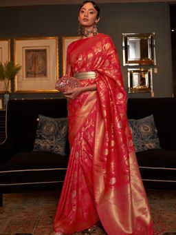Dress & Dazzle - Ruby Red Banarasi Silk Saree with Unstitched Blouse