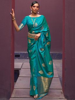 Dress & Dazzle - Turquoise Blue Tanchui Silk Saree with Unstitched Blouse