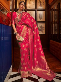 Dress & Dazzle - Stunning Pink Tanchui Silk Saree with Unstitched Blouse
