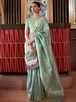 Dress & Dazzle - Mint Green Banarasi Silk Saree with Unstitched Blouse