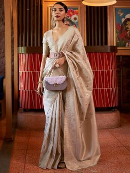 Dress & Dazzle - Ivory Banarasi Silk Saree with Unstitched Blouse