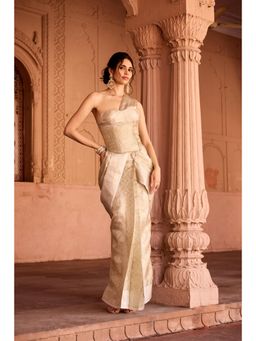 Saanjh by Lea - Zaida Beige Banarasi Pre-Draped Saree with Stitched Blouse