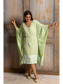 MONK & MEI - Ada-Chikankari Pista Green Kaftan Dress