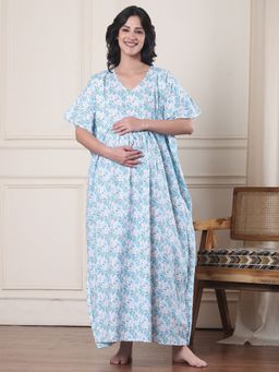 Secret Wish - Blue Floral Pure Cotton Maternity Kaftan