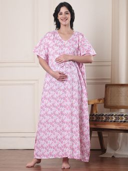 Secret Wish - Pink Floral Pure Cotton Maternity Kaftan