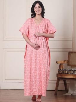 Secret Wish - Peach Floral Pure Cotton Maternity Kaftan