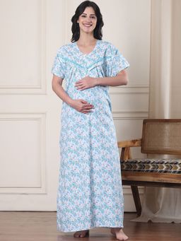 Secret Wish - Blue Floral Pure Cotton Maternity Nightdress