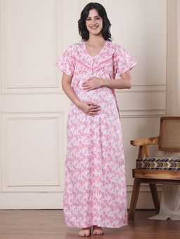 Secret Wish - Pink Floral Pure Cotton Maternity Nightdress