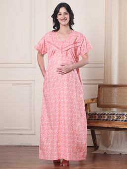 Secret Wish - Peach Floral Pure Cotton Maternity Nightdress