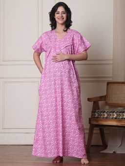 Secret Wish - Pink Floral Pure Cotton Maternity Nightdress