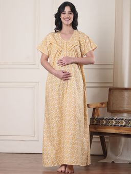 Secret Wish - Yellow Floral Pure Cotton Maternity Nightdress