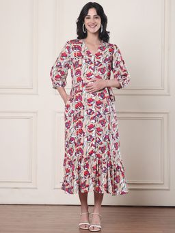 Secret Wish - Beige Floral Rayon Maternity Dress