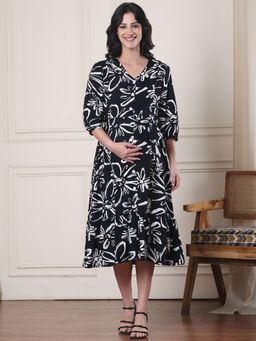 Secret Wish - Black Floral Rayon Maternity Dress