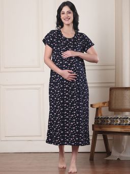 Secret Wish - Dark Blue Printed Hosiery Maternity Nightdress