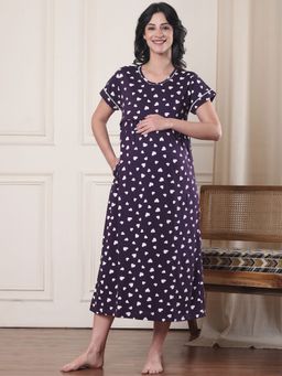 Secret Wish - Violet Heart Print Hosiery Maternity Nightdress