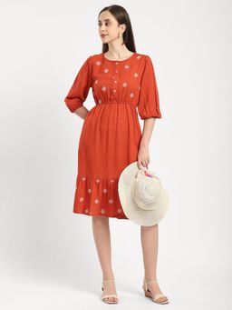 R&B - Rust Embroidered A-Line Dress