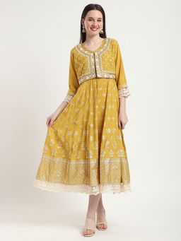 R&B - Mustard Embroidered A-Line Dress and Jacket
