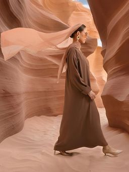 ISHIN - Brown Embellished A-Line Dress and Hijab