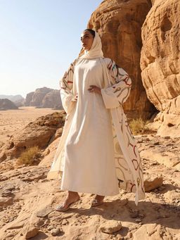 ISHIN - Off White Printed A-Line Dress with Jacket and Hijab