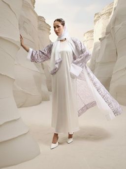 ISHIN - White Printed A-Line Dress with Jacket and Hijab
