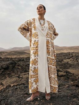 ISHIN - Off White Printed A-Line Dress with Jacket and Hijab