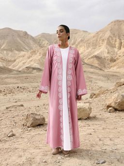 ISHIN - Peach Embroidered A-Line Dress with Jacket and Hijab