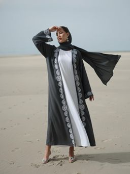 ISHIN - Grey Embroidered A-Line Dress with Jacket and Hijab