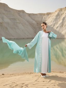 ISHIN - Green Embroidered A-Line Dress with Jacket and Hijab