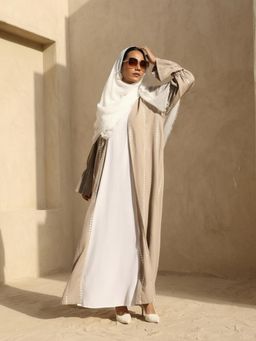 ISHIN - Beige Embroidered A-Line Dress and Hijab