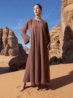 ISHIN - Brown Embellished A-Line Dress and Hijab
