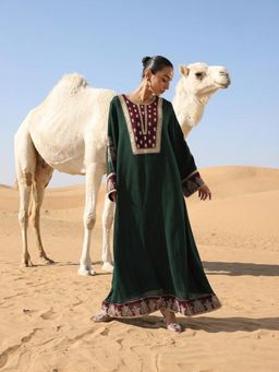 ISHIN - Green Embroidered A-Line Dress