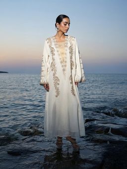 ISHIN - Cream Embroidered A-Line Dress