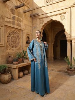 ISHIN - Blue Embroidered A-Line Dress