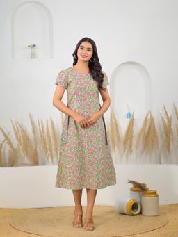 Zari Jaipur - Green Floral Flared Dress