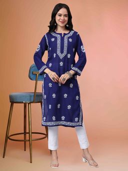 PARAMOUNT CHIKAN - Navy Blue Embroidered Kurta