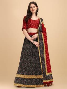 Amrutam Fab - Womens Black Color Satin Digital Print Crush Designer Lehenga Choli (Set of 3)