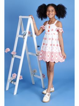 One Friday - Girls White Cutwork Cold-Shoulder Dress